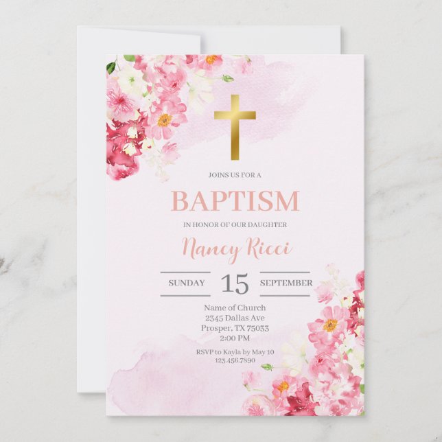 Rosa Blommigt Baptism för flicka Inbjudningar (Framsida)