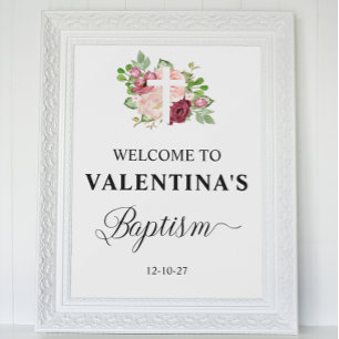 Rosa Blommigt Baptism Girl Welcome Poster