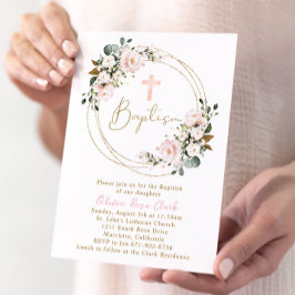 Rosa Blommigt Baptism Guld Ram Inbjudningar