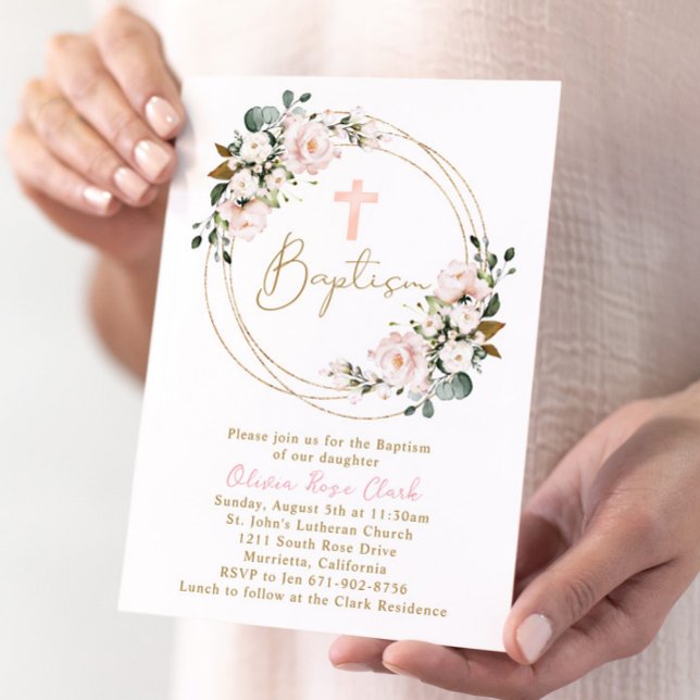  Rosa Blommigt Baptism Guld Ram Inbjudningar (Skapare uppladdad)