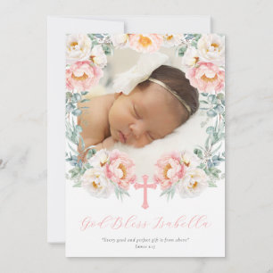 Rosa Blommigt Baptism-inbjudan med foto Inbjudningar