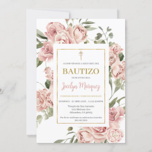 Rosa Blommigt Baptism inbjudan på spanska