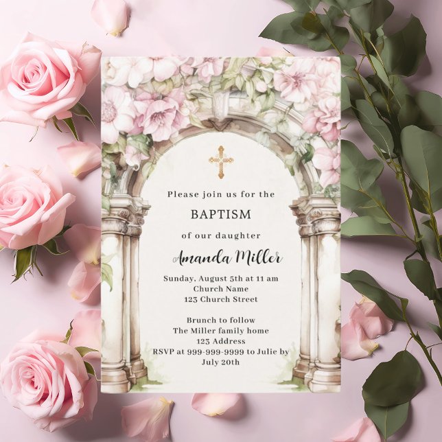 Rosa blommigt Baptism Inbjudningar (Skapare uppladdad)