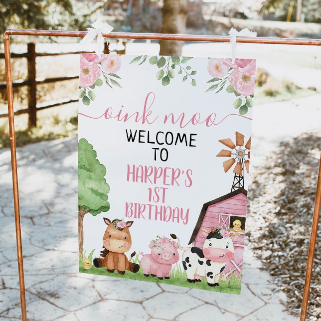 Rosa Blommigt Barn Farm Animal Birthday Välkomstsk Fototryck (Oink moo, pink farm 1st birthday welcome sign with pink barn, cute farm animals and pink flowers.)