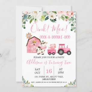 Rosa Blommigt Barn Tractor Farm Birthday Call Inbjudningar