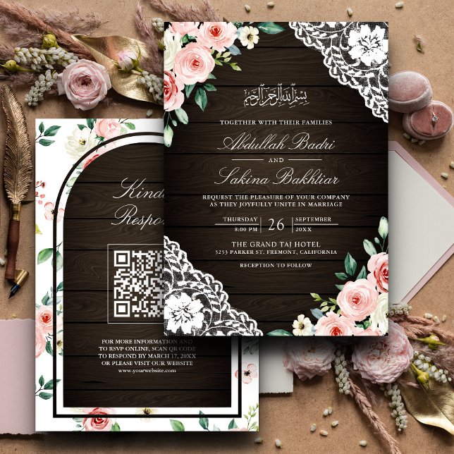 Rosa Blommigt Barn Wood Snöre QR Kod Muslim Bröllo Inbjudningar (Skapare uppladdad)