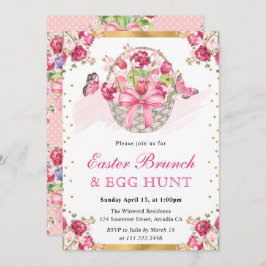 Rosa Blommigt Basket och Butterflies Påsk Brunch Inbjudningar