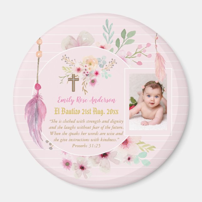 Rosa Blommigt BAUTIZO Baptism Bible Verse Photo Gi Magnet (Framsidan)