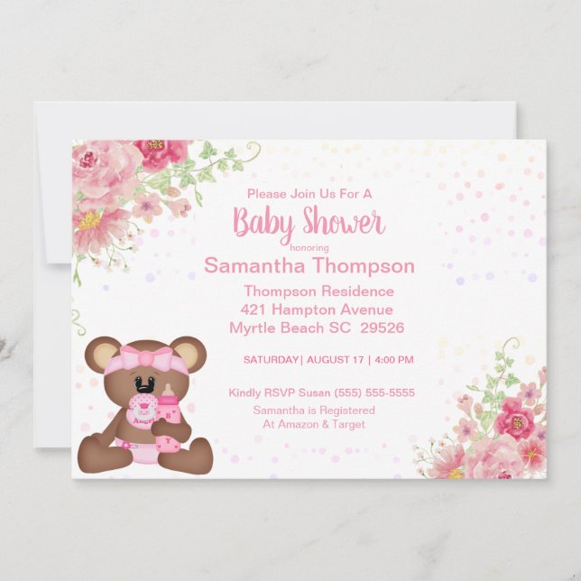 Rosa Blommigt Bear Baby Shower Inbjudningar (Framsida)