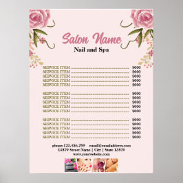 Rosa Blommigt Beauty Nail Salon Pris List-menyn Poster