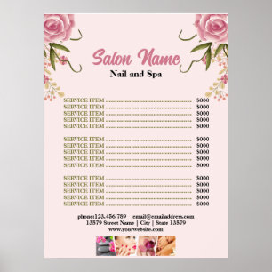 Rosa Blommigt Beauty Nail Salon Pris List-menyn Poster