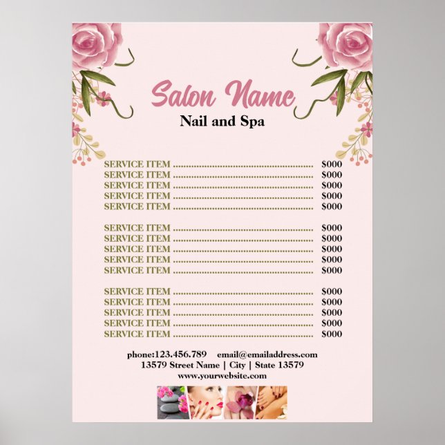 Rosa Blommigt Beauty Nail Salon Pris List-menyn Poster (Framsidan)