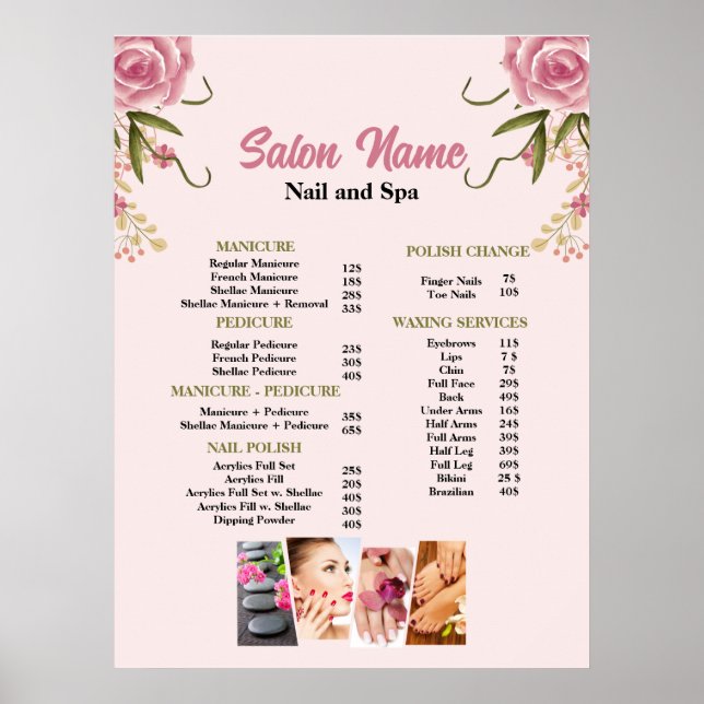 Rosa Blommigt Beauty Nail Salon Pris List-menyn Poster (Framsidan)