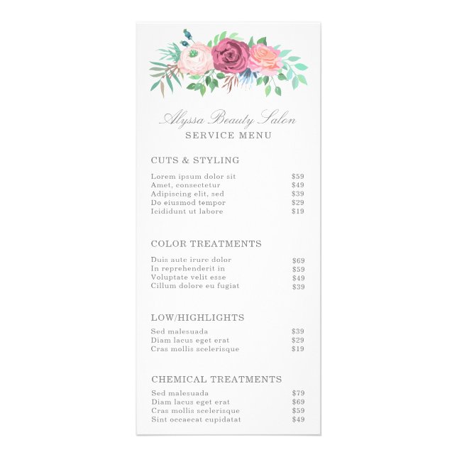 Rosa Blommigt Beauty Salon Service Menu Pris List Reklamkort (Framsidan)