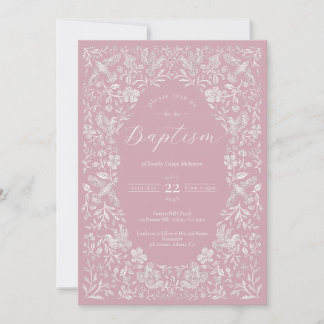 Rosa Blommigt Birdie Baby Baptism-inbjudan Inbjudningar