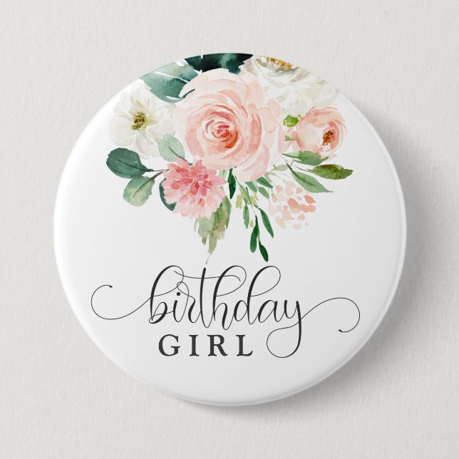  Rosa Blommigt Birthday Girl Knapp (Framsida)