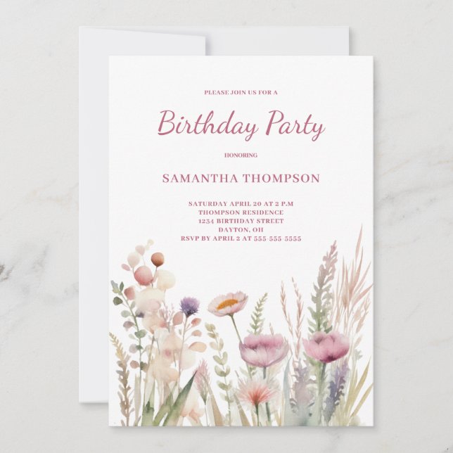 Rosa Blommigt Birthday Inbjudningar (Framsida)