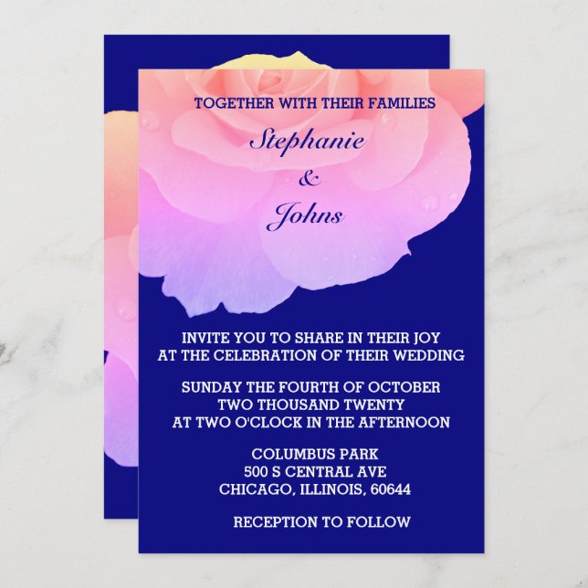 Rosa Blommigt Blå Vit ros Flower Bröllop Inbjudningar (Fram/baksida)