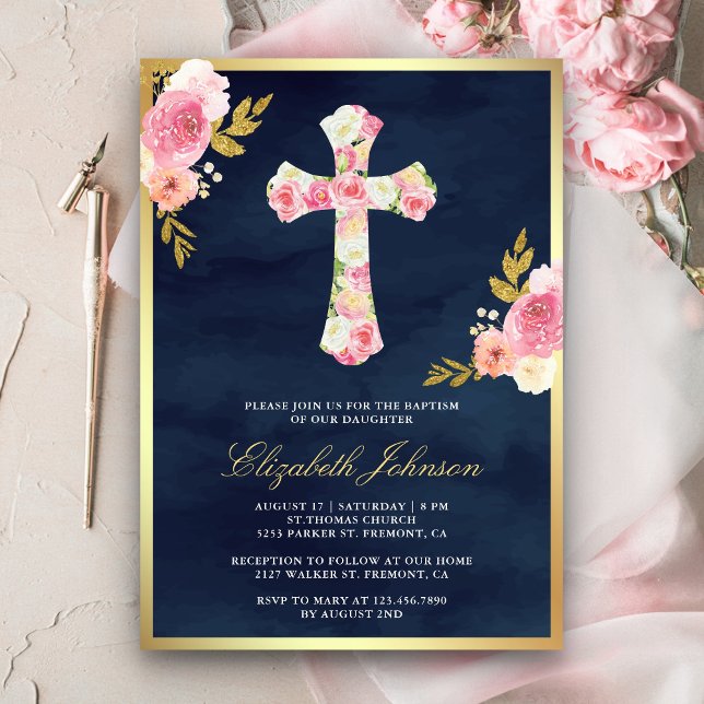  Rosa Blommigt Blåblå Guld-baptism i marinen Inbjudningar (Skapare uppladdad)
