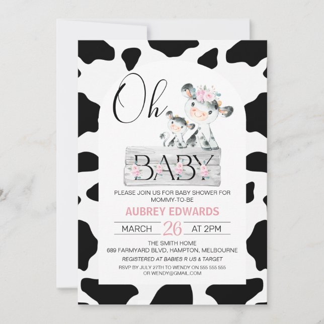 Rosa Blommigt Black Cow Print Baby Shower Inbjudningar (Framsida)