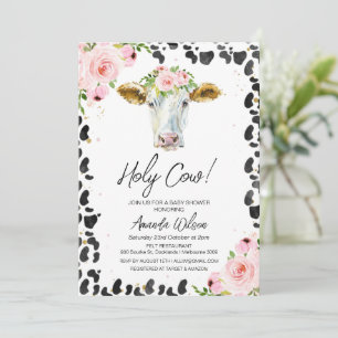 Rosa Blommigt Black Cow Skriv ut Heliga Cow Baby S Inbjudningar