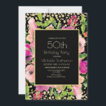 Rosa Blommigt Black Guld Glitter 50:e födelsedag Kort<br><div class="desc">Rosa blommigt och grönt lämnar på guld 50:e födelsedagsfest inbjudan i svart och glitter för kvinnor med modern text typsnitt. Baksidan av detta kort har guld polka dots på en svart bakgrund. Kontakta oss om du behöver hjälp med anpassning eller om du vill begära matchande produkter.</div>