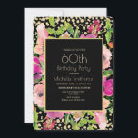 Rosa Blommigt Black Guld Glitter 60:e födelsedag Kort<br><div class="desc">Rosa blommigt och grönt lämnar på ett svart och glittrande guld 60 födelsedagsfest inbjudan för kvinnor med modern text typsnitt. Baksidan av detta kort har guld polka dots på en svart bakgrund. Kontakta oss om du behöver hjälp med anpassning eller om du vill begära matchande produkter.</div>