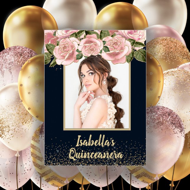 Rosa Blommigt Black Guld Photo Quinceañera Birthda Poster (Skapare uppladdad)