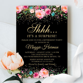 Rosa Blommigt Black Guld Surprise Pension Party Inbjudningar