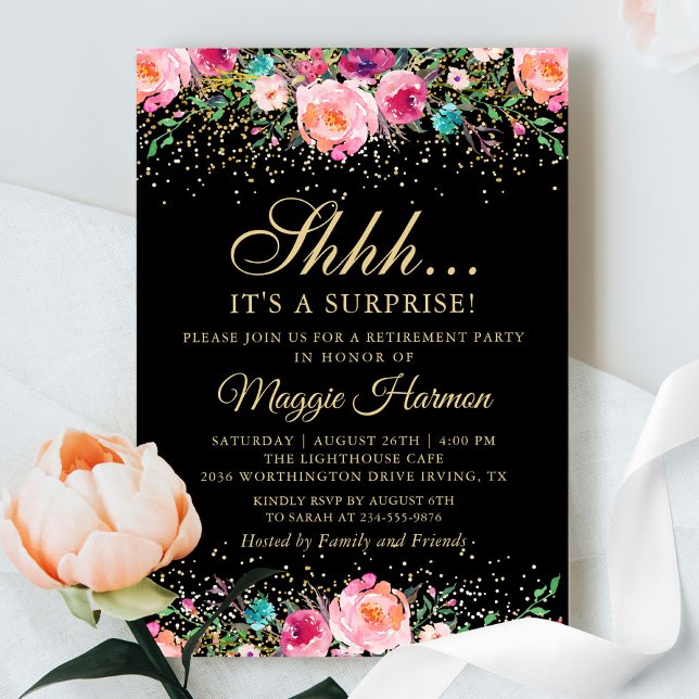 Rosa Blommigt Black Guld Surprise Pension Party Inbjudningar (Skapare uppladdad)