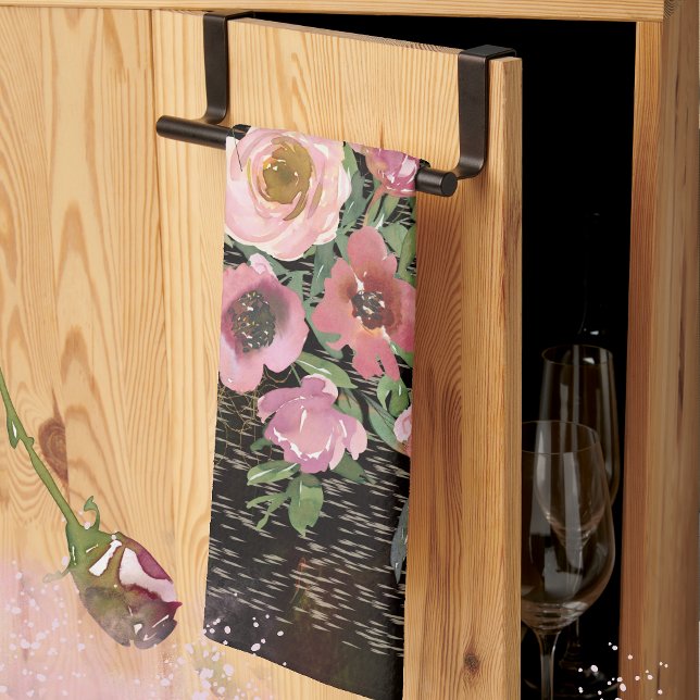 Rosa Blommigt Black Kökshandduk (Pink floral black kitchen towel)