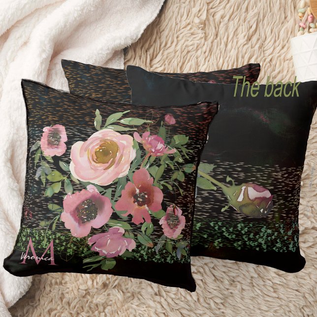 Rosa Blommigt Black Kudde (Pink floral black throw pillow double -sided)
