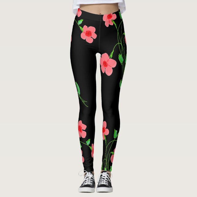 Rosa Blommigt Black Leggings (Framsida)