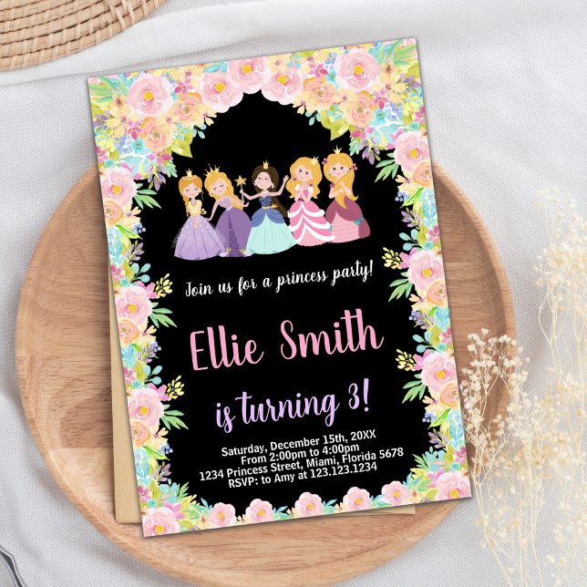 Rosa Blommigt Black Princesses Birthday-inbjudan Inbjudningar (Pink Floral Black Princesses Birthday Invitation)