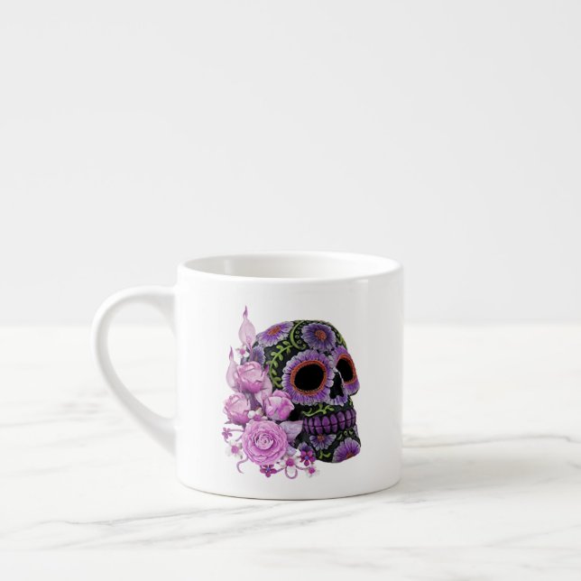 Rosa Blommigt Black Sugar Skull Day of the dead Espressomugg (Vänster)