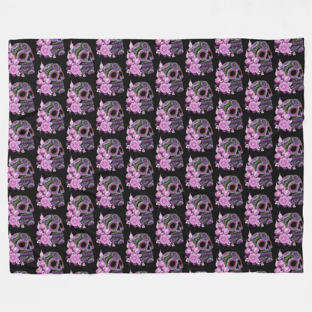 Rosa Blommigt Black Sugar Skull Day of the dead Fleecefilt (Framsidan (Horisontell))