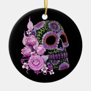 Rosa Blommigt Black Sugar Skull Day of the dead Julgransprydnad Keramik