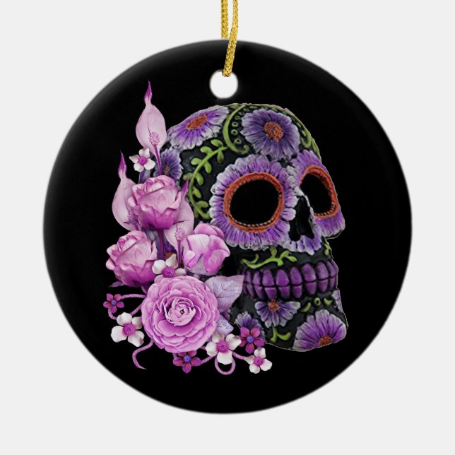 Rosa Blommigt Black Sugar Skull Day of the dead Julgransprydnad Keramik (Framsidan)