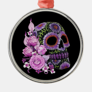 Rosa Blommigt Black Sugar Skull Day of the dead Julgransprydnad Metall