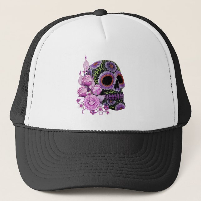 Rosa Blommigt Black Sugar Skull Day of the dead Keps (Framsida)