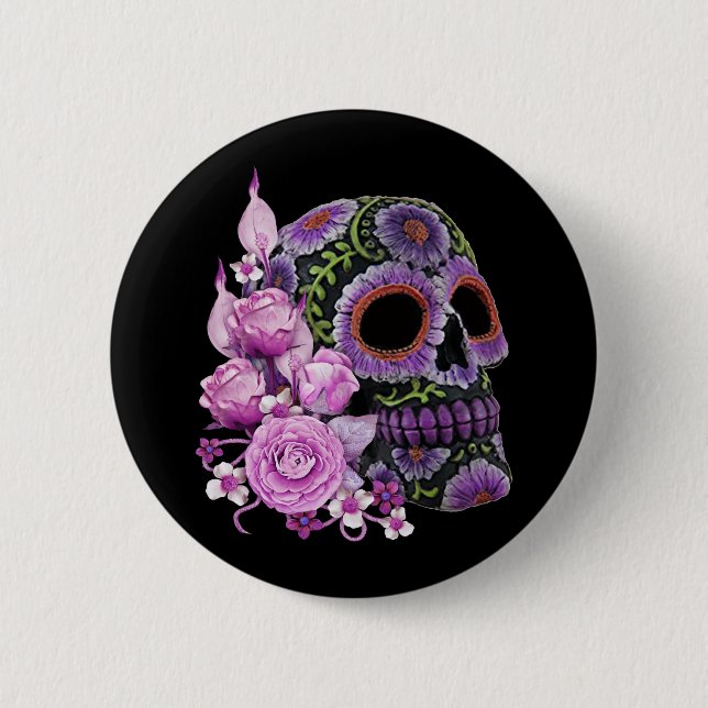 Rosa Blommigt Black Sugar Skull Day of the dead Knapp (Framsida)