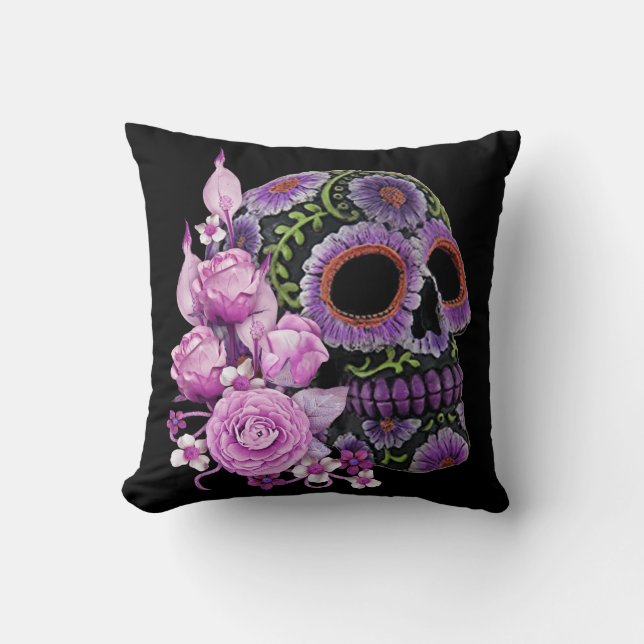 Rosa Blommigt Black Sugar Skull Day of the dead Kudde (Framsida)