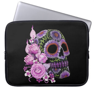 Rosa Blommigt Black Sugar Skull Day of the dead Laptop Fodral
