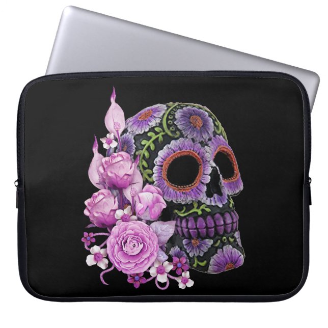 Rosa Blommigt Black Sugar Skull Day of the dead Laptop Fodral (Framsidan)