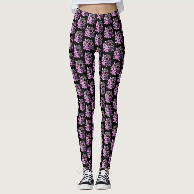 Rosa Blommigt Black Sugar Skull Day of the dead Leggings (Framsida)