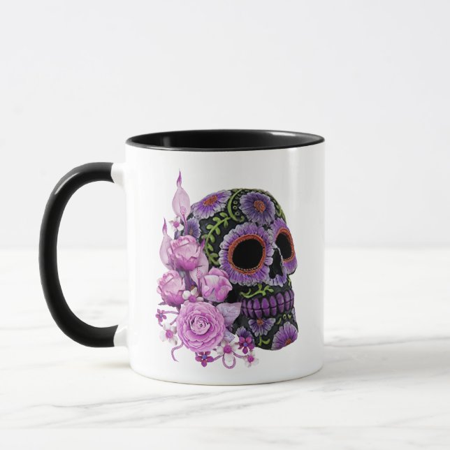 Rosa Blommigt Black Sugar Skull Day of the dead Mugg (Vänster)