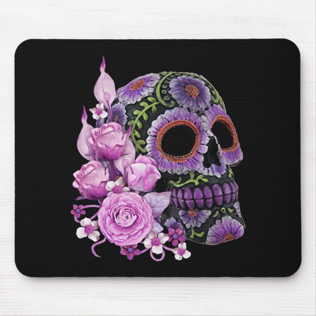 Rosa Blommigt Black Sugar Skull Day of the dead Musmatta (Framsidan)
