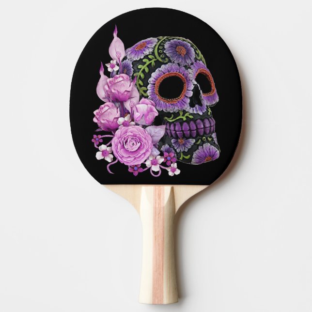 Rosa Blommigt Black Sugar Skull Day of the dead Pingisracket (Framsidan)
