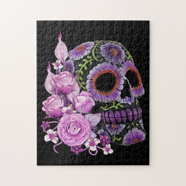 Rosa Blommigt Black Sugar Skull Day of the dead Pussel (Vertikal)