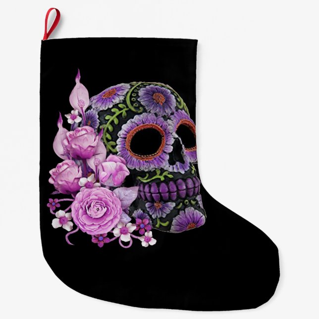 Rosa Blommigt Black Sugar Skull Day of the dead Stor Julstrumpa (Framsidan)